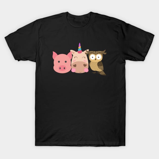 cute unicorn, pig, owl, T-Shirt by CatheBelan